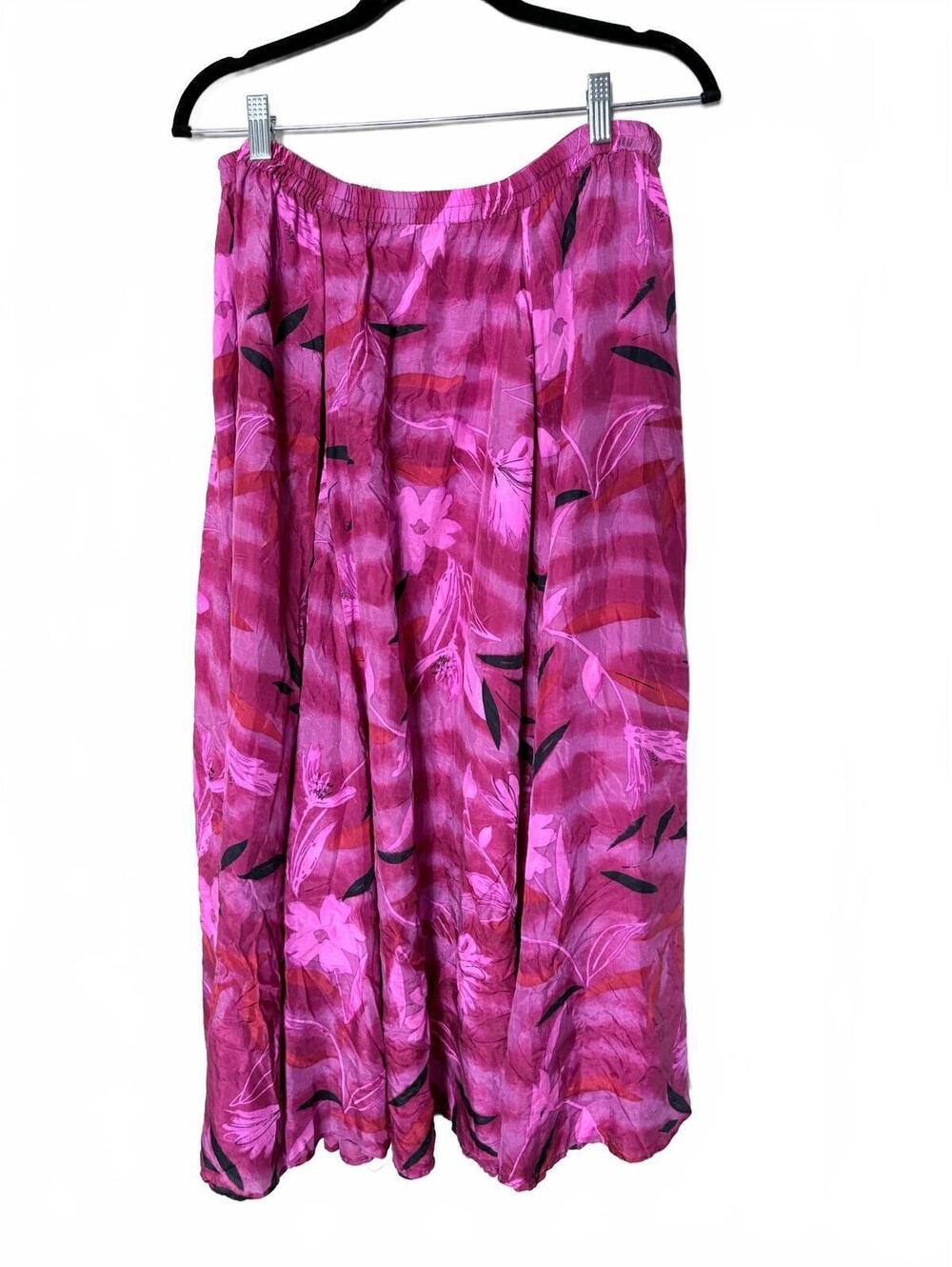 Vintage Pink Floral Patterned Maxi Skirt with Elastic Waist